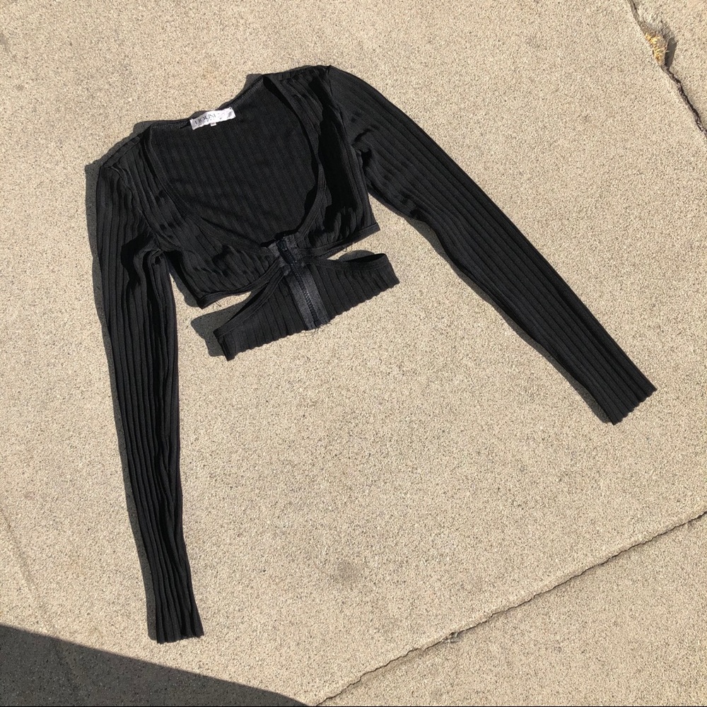 House of Cb black cropped cutout knit top